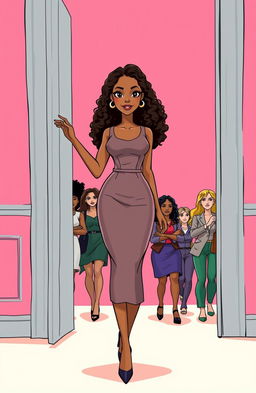 A tall, slender woman with light brown skin, medium length curly hair, and bright black eyes, embodying elegance in a classy dress