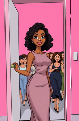 A tall, slender woman with light brown skin, medium length curly hair, and bright black eyes, embodying elegance in a classy dress