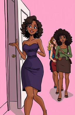 A tall, slender woman with light brown skin, medium length curly hair, and bright black eyes, embodying elegance in a classy dress