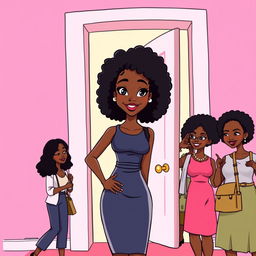 A tall, slender woman with bright skin, medium length afro curly hair, and bright black eyes, showcasing a straight and confident face