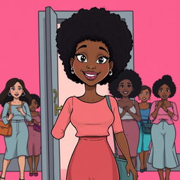 A tall, slender woman with bright skin, medium length afro curly hair, and bright black eyes, showcasing a straight and confident face