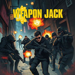 An intense action movie scene from a film titled 'Weapon Jack', focusing on a high-stakes chase and mission setup