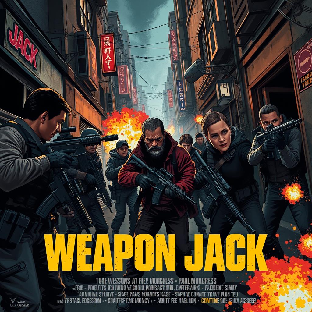 An intense action movie scene from a film titled 'Weapon Jack', focusing on a high-stakes chase and mission setup