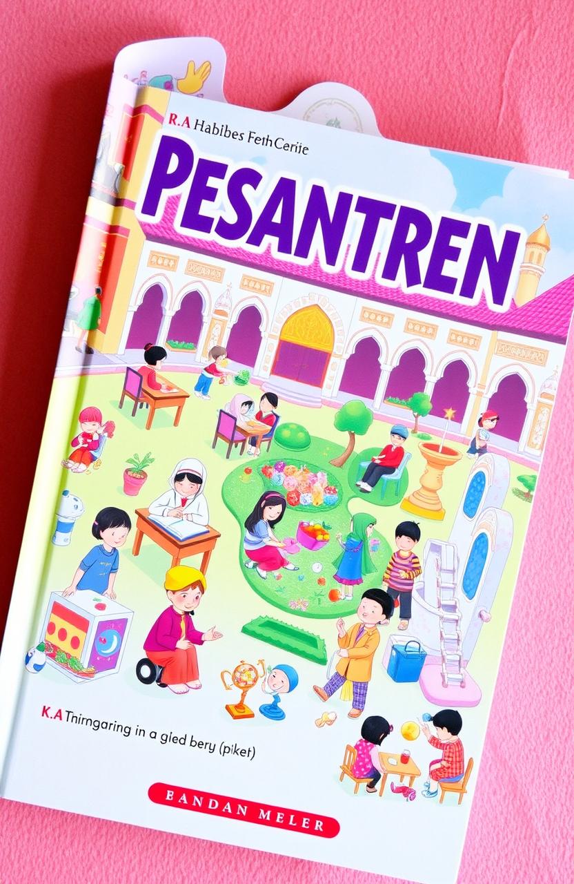 A vibrant and colorful book cover depicting a lively pesantren scene, illustrating various activities such as students studying diligently at desks, engaging in Quran recitation (mengaji), participating in fun school activities, playing games in a garden, and doing chores like cleaning (piket)