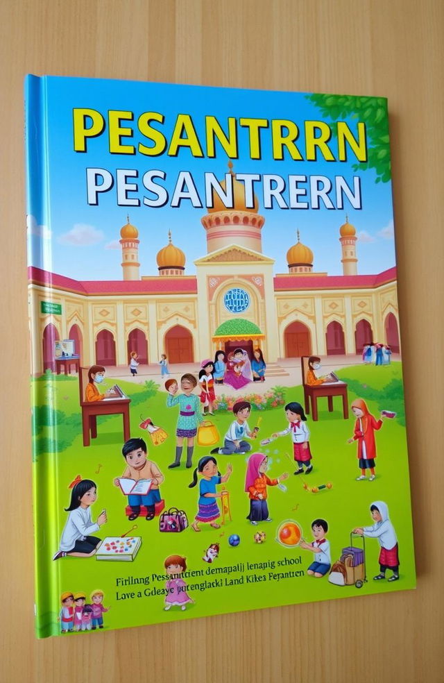 A vibrant and colorful book cover depicting a lively pesantren scene, illustrating various activities such as students studying diligently at desks, engaging in Quran recitation (mengaji), participating in fun school activities, playing games in a garden, and doing chores like cleaning (piket)