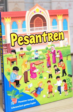 A vibrant and colorful book cover depicting a lively pesantren scene, illustrating various activities such as students studying diligently at desks, engaging in Quran recitation (mengaji), participating in fun school activities, playing games in a garden, and doing chores like cleaning (piket)
