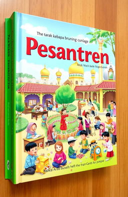 A vibrant and colorful book cover depicting a lively pesantren scene, illustrating various activities such as students studying diligently at desks, engaging in Quran recitation (mengaji), participating in fun school activities, playing games in a garden, and doing chores like cleaning (piket)