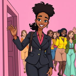 A tall, slender woman with bright skin, medium length afro curly hair, and bright black eyes, featuring a straight and confident face