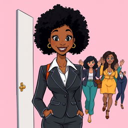 A tall, slender woman with bright skin, medium length afro curly hair, and bright black eyes, featuring a straight and confident face
