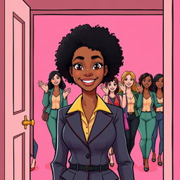 A tall, slender woman with bright skin, medium length afro curly hair, and bright black eyes, featuring a straight and confident face