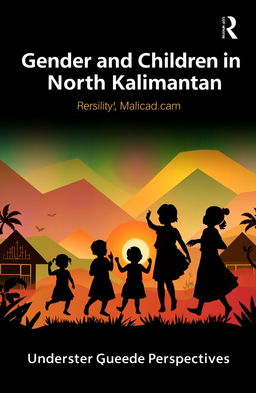 A book cover design for a profile on gender and children in North Kalimantan, featuring a colorful and vibrant background that represents the lush natural beauty of the region