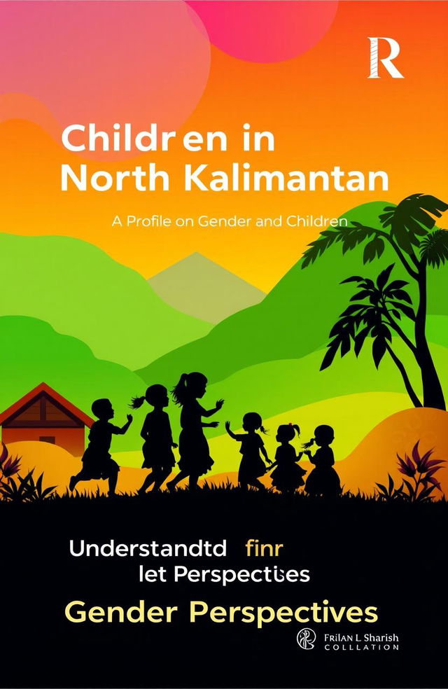 A book cover design for a profile on gender and children in North Kalimantan, featuring a colorful and vibrant background that represents the lush natural beauty of the region