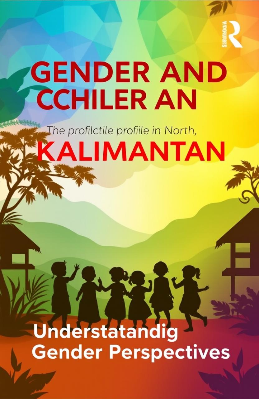 A book cover design for a profile on gender and children in North Kalimantan, featuring a colorful and vibrant background that represents the lush natural beauty of the region