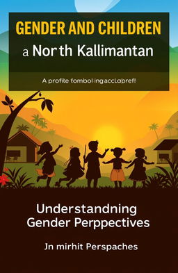 A book cover design for a profile on gender and children in North Kalimantan, featuring a colorful and vibrant background that represents the lush natural beauty of the region