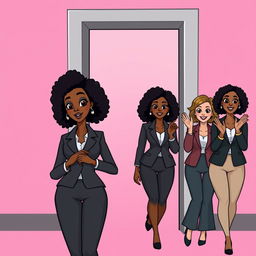 A tall, slender woman with slender hips and a small waist, featuring bright skin, medium-length afro curly hair, and bright black eyes