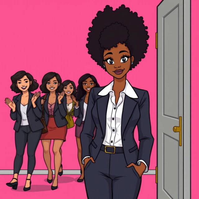 A tall, slender woman with slender hips and a small waist, featuring bright skin, medium-length afro curly hair, and bright black eyes