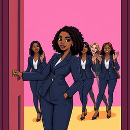 A tall, slender woman with slender hips and a small waist, featuring bright skin, medium-length afro curly hair, and bright black eyes