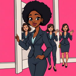 A tall, slender woman with slender hips and a small waist, featuring bright skin, medium-length afro curly hair, and bright black eyes