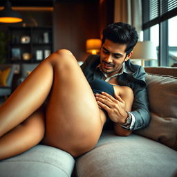 A sultry Indian woman with alluring features and sexy legs, depicted in an office setting, lying on a plush couch
