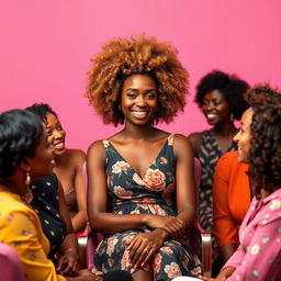 A tall, slender woman with light brown curly afro hair and a straight face, sitting gracefully in a chair