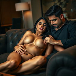 A sultry Indian woman with striking features and alluring legs, depicted in an office environment while lying on a luxurious couch