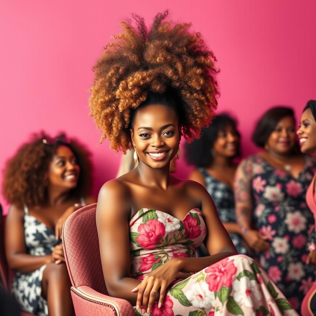 A tall, slender woman with light brown curly afro hair and a straight face, elegantly sitting in a chair