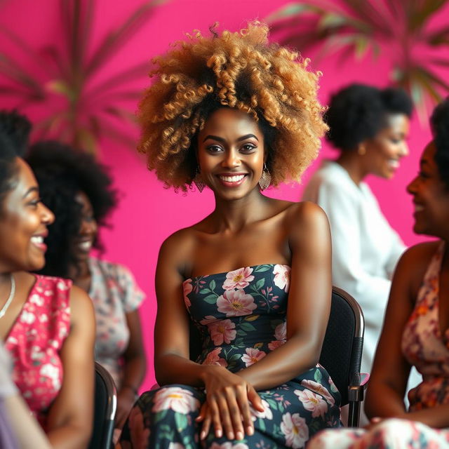 A tall, slender woman with light brown curly afro hair and a straight face, elegantly sitting in a chair