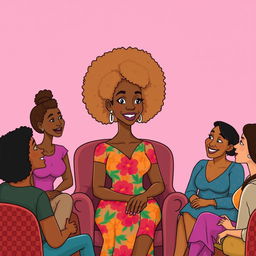 A cartoon depiction of a tall, slender woman with light brown curly afro hair and a straight face, sitting comfortably in a chair