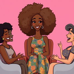 A cartoon depiction of a tall, slender woman with light brown curly afro hair and a straight face, sitting comfortably in a chair