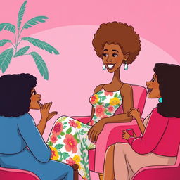 A cartoon depiction of a tall, slender woman with light brown curly afro hair and a straight face, sitting comfortably in a chair