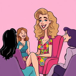 A cartoon illustration of a tall, slender woman with light brown curly hair and a straight face, sitting in a stylish chair