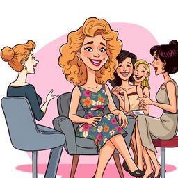 A cartoon illustration of a tall, slender woman with light brown curly hair and a straight face, sitting in a stylish chair