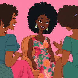 A cartoon illustration of a tall, slender mixed woman with rich brown skin and curly black hair, featuring a straight face