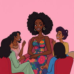 A cartoon illustration of a tall, slender mixed woman with rich brown skin and curly black hair, featuring a straight face