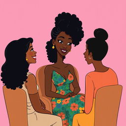 A cartoon illustration of a tall, slender mixed woman with rich brown skin and curly black hair, featuring a straight face