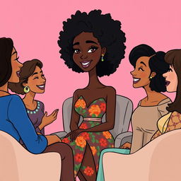 A cartoon illustration of a tall, slender mixed woman with rich brown skin and curly black hair, featuring a straight face