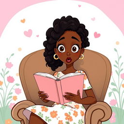 A cartoon illustration of a tall, slender mixed woman with rich brown skin and curly black hair, featuring a straight face