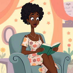 A cartoon illustration of a tall, slender mixed woman with rich brown skin and curly black hair, featuring a straight face