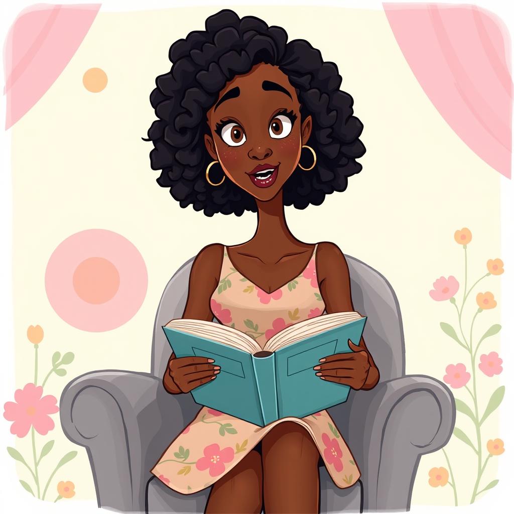 A cartoon illustration of a tall, slender mixed woman with rich brown skin and curly black hair, featuring a straight face