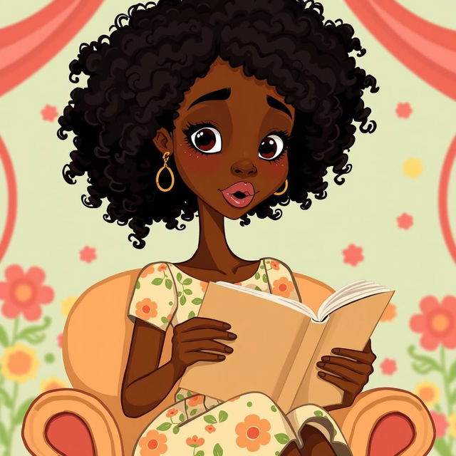 A cartoon illustration of a tall, slender mixed woman with rich brown skin and curly black hair, featuring a straight face