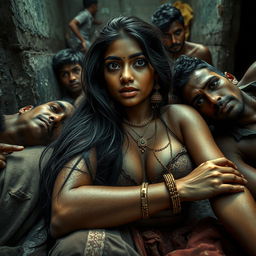 A surreal scene depicting an Indian girl with striking features and captivating eyes lying on the floor, surrounded by impoverished men in a slum environment