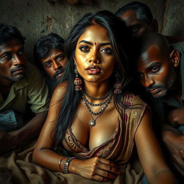 A surreal scene depicting an Indian girl with striking features and captivating eyes lying on the floor, surrounded by impoverished men in a slum environment