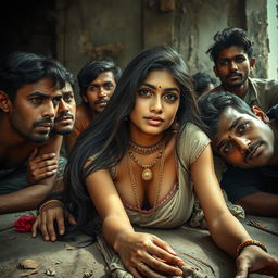 A surreal scene depicting an Indian girl with striking features and captivating eyes lying on the floor, surrounded by impoverished men in a slum environment