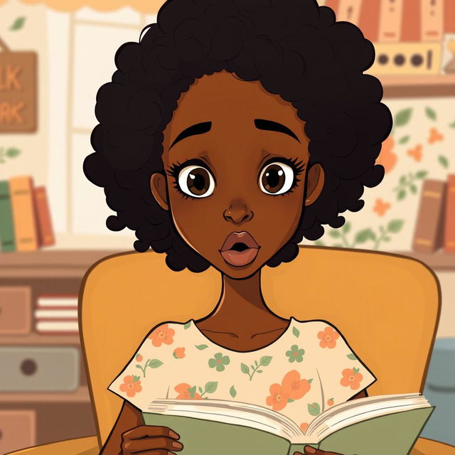 A close-up cartoon illustration of the face of a tall, slender mixed woman with beautiful brown skin and curly black hair, showing a straight face with a surprised expression