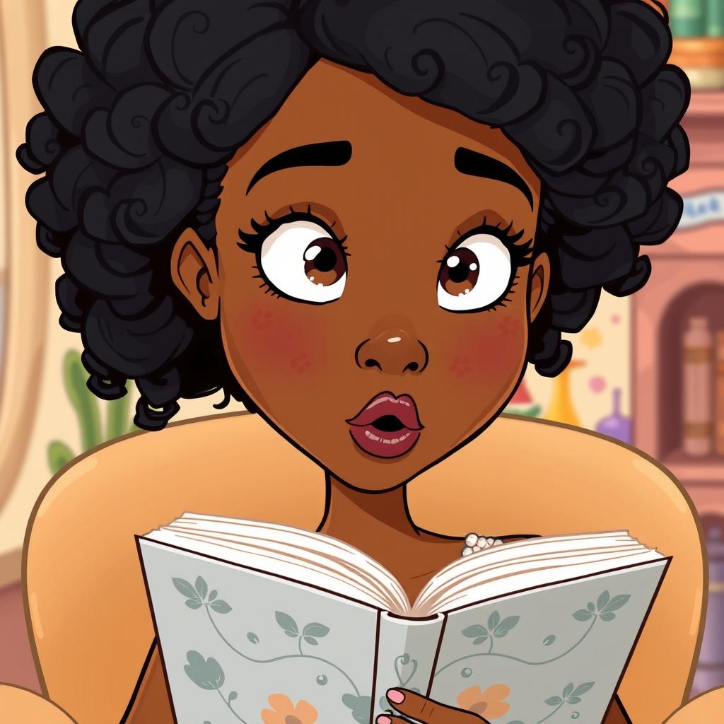 A close-up cartoon illustration of the face of a tall, slender mixed woman with beautiful brown skin and curly black hair, showing a straight face with a surprised expression