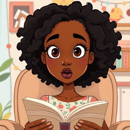 A close-up cartoon illustration of the face of a tall, slender mixed woman with beautiful brown skin and curly black hair, showing a straight face with a surprised expression