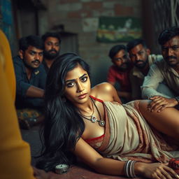 A captivating Indian girl with long dark hair and striking features lying on the floor in a vibrant yet impoverished slum environment