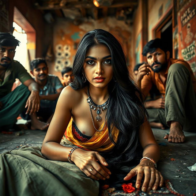 A captivating Indian girl with long dark hair and striking features lying on the floor in a vibrant yet impoverished slum environment