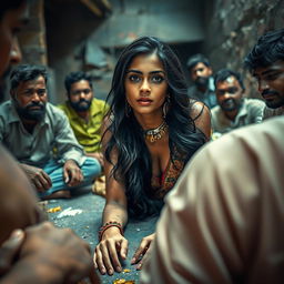 A captivating Indian girl with long dark hair and striking features lying on the floor in a vibrant yet impoverished slum environment