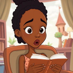 A close-up cartoon illustration of the face of a tall, slender mixed woman with beautiful brown skin and curly black hair, exhibiting a straight face and a surprised expression